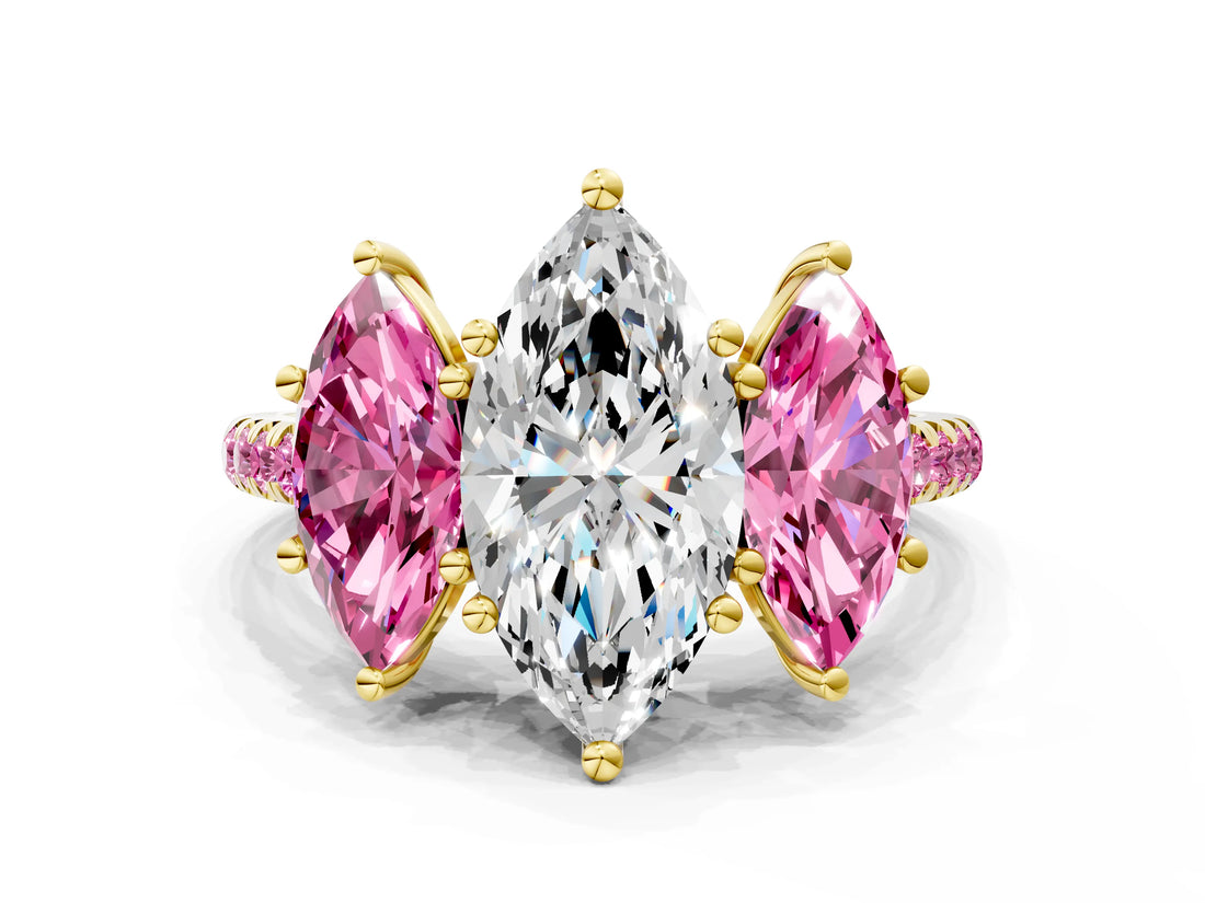 Yellow gold Three-Stone Marquise Cut Diamond Ring with Round with Pink Sapphire side stone Pavé Band and Prong Setting