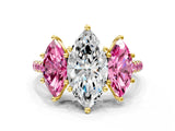 Yellow gold Three-Stone Marquise Cut Diamond Ring with Round with Pink Sapphire side stone Pavé Band and Prong Setting