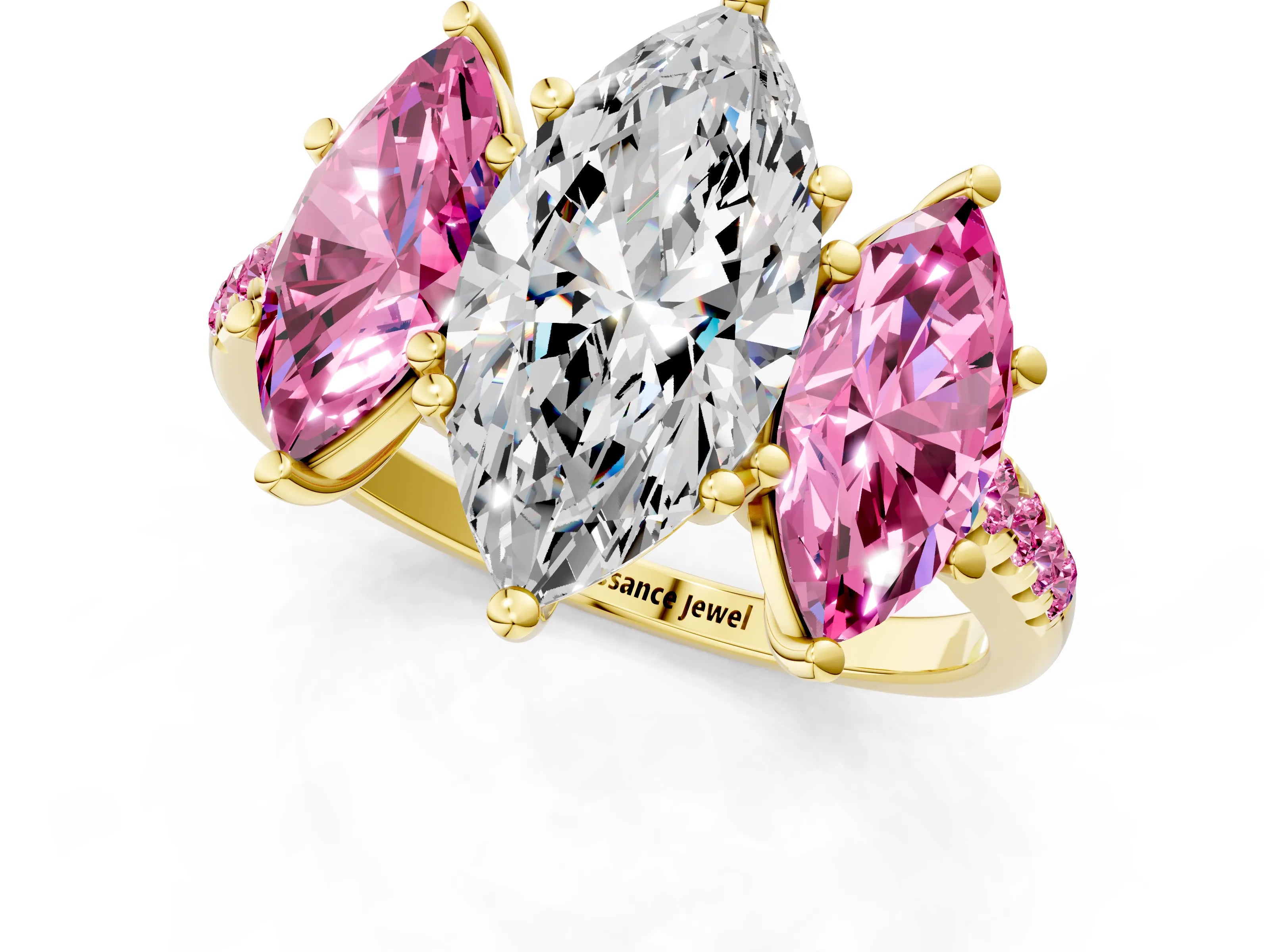 Yellow gold Three-Stone Marquise Cut Diamond Ring with Round with Pink Sapphire side stone Pavé Band and Prong Setting_1