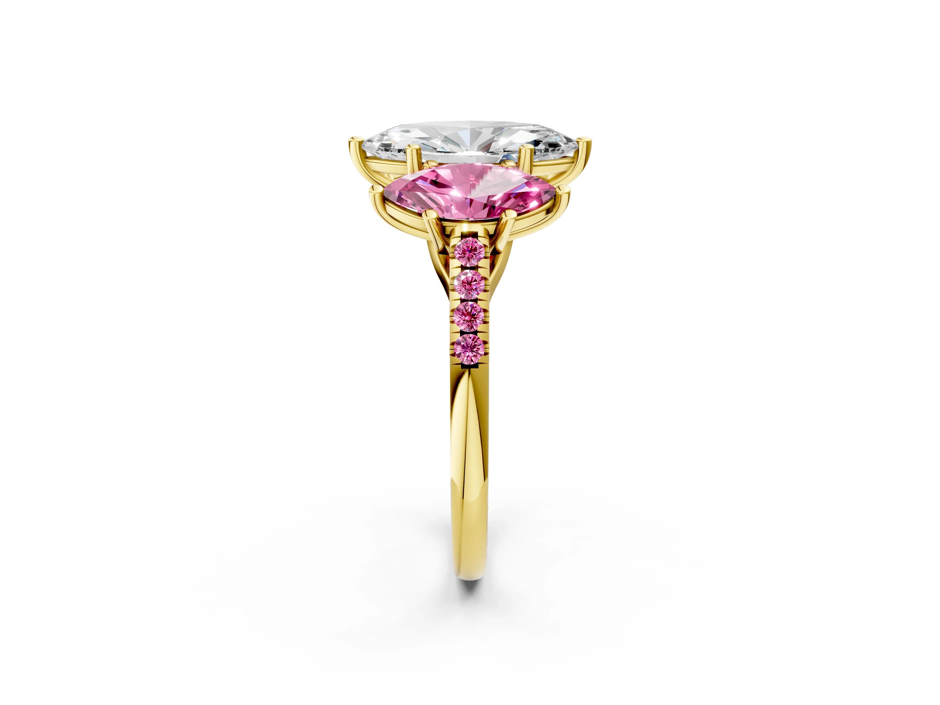 Yellow gold Three-Stone Marquise Cut Diamond Ring with Round with Pink Sapphire side stone Pavé Band and Prong Setting_2