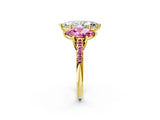 Yellow gold Three-Stone Marquise Cut Diamond Ring with Round with Pink Sapphire side stone Pavé Band and Prong Setting_2