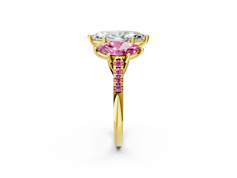 Yellow gold Three-Stone Marquise Cut Diamond Ring with Round with Pink Sapphire side stone Pavé Band and Prong Setting_2