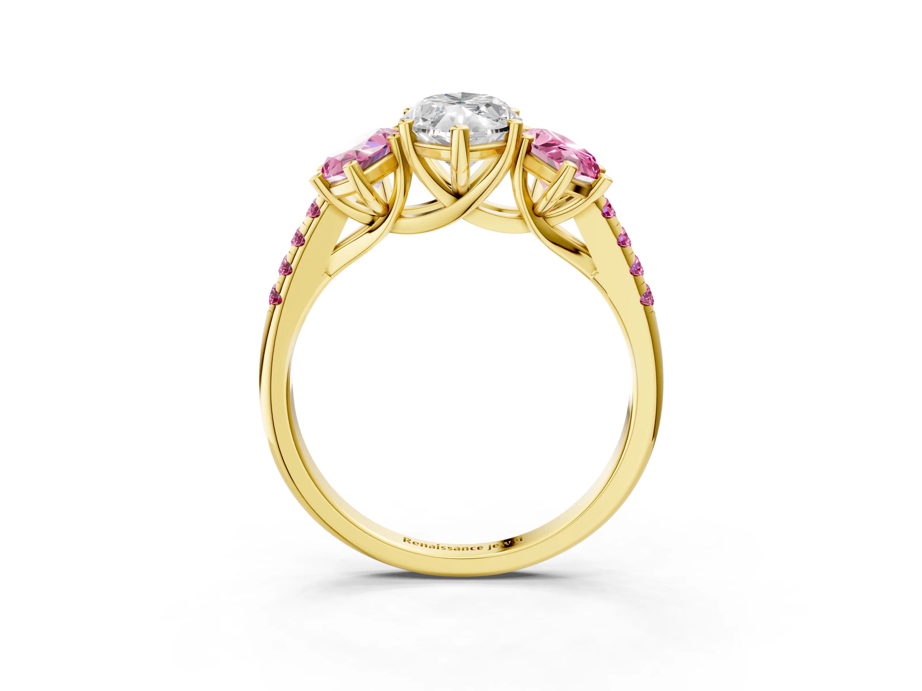 Yellow gold Three-Stone Marquise Cut Diamond Ring with Round with Pink Sapphire side stone Pavé Band and Prong Setting_3