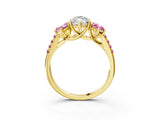 Yellow gold Three-Stone Marquise Cut Diamond Ring with Round with Pink Sapphire side stone Pavé Band and Prong Setting_3