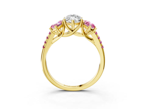 Yellow gold Three-Stone Marquise Cut Diamond Ring with Round with Pink Sapphire side stone Pavé Band and Prong Setting_3