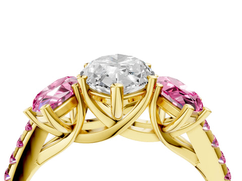 Yellow gold Three-Stone Marquise Cut Diamond Ring with Round with Pink Sapphire side stone Pavé Band and Prong Setting_4