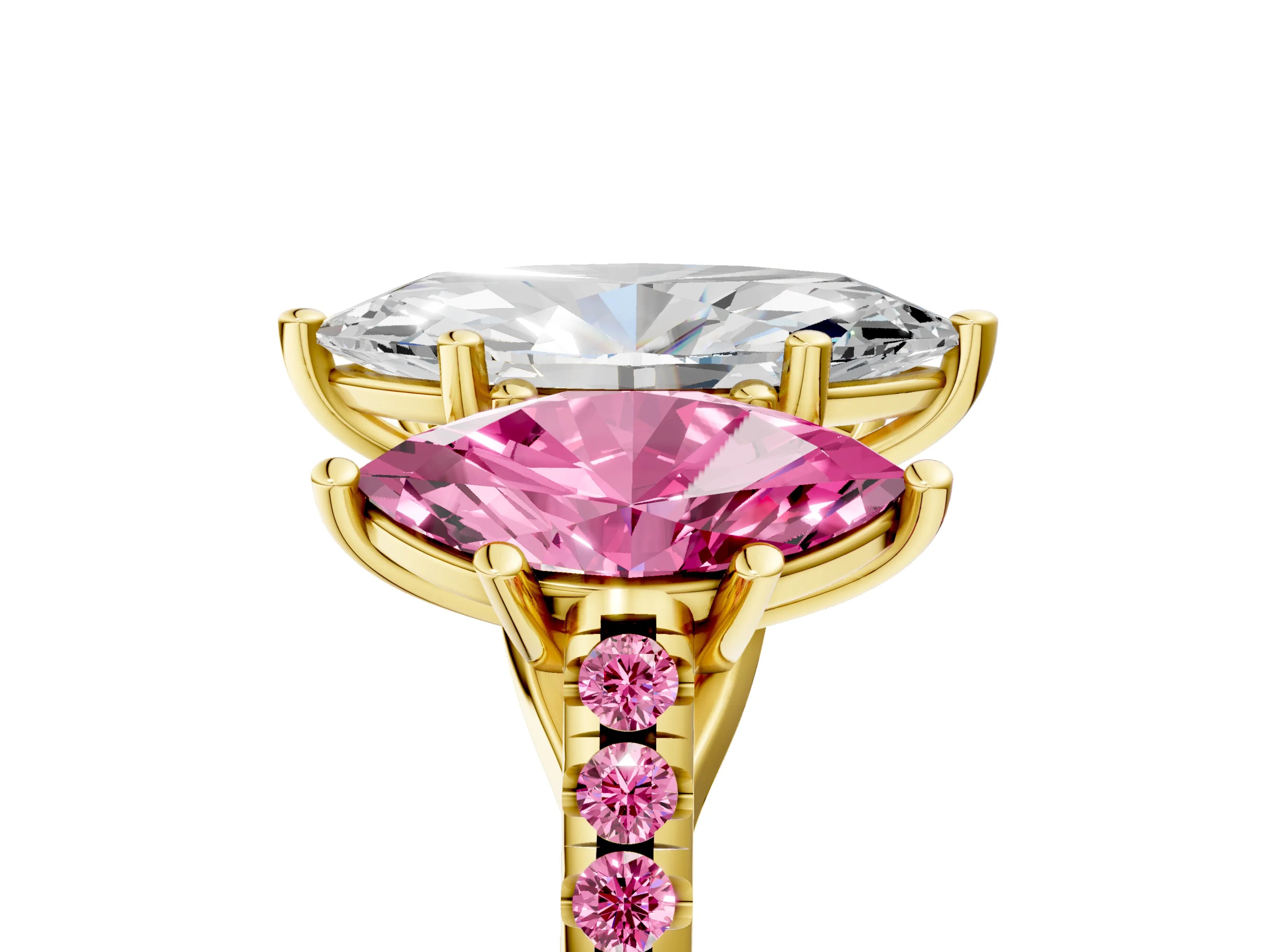 Yellow gold Three-Stone Marquise Cut Diamond Ring with Round with Pink Sapphire side stone Pavé Band and Prong Setting_5