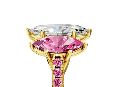 Yellow gold Three-Stone Marquise Cut Diamond Ring with Round with Pink Sapphire side stone Pavé Band and Prong Setting_5