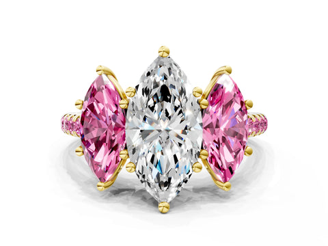 Yellow gold Three-Stone Marquise Cut Diamond Ring with Round with Pink Sapphire side stone Pavé Band and Prong Setting