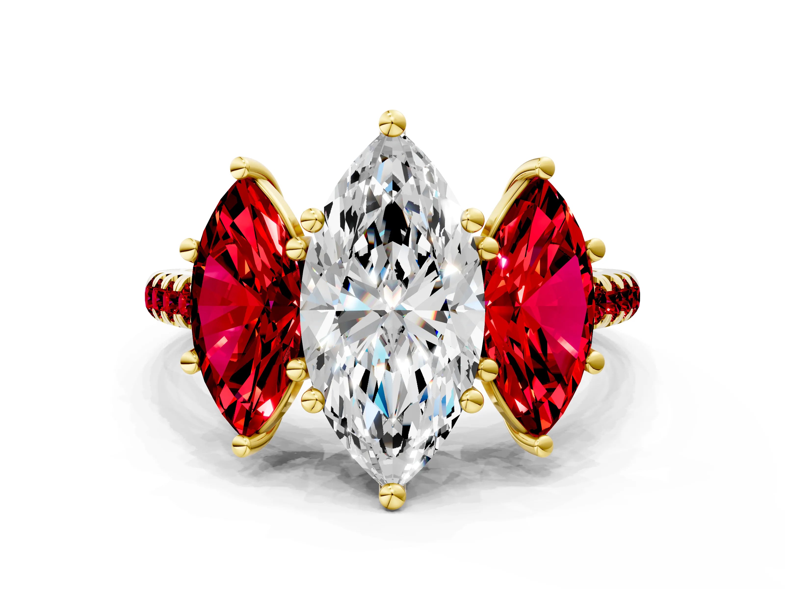 Yellow gold Three-Stone Marquise Cut Diamond Ring with Round with Ruby side stone Pavé Band and Prong Setting