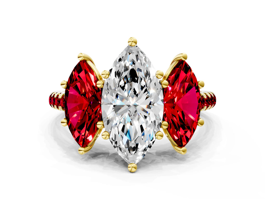 Yellow gold Three-Stone Marquise Cut Diamond Ring with Round with Ruby side stone Pavé Band and Prong Setting