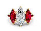 Yellow gold Three-Stone Marquise Cut Diamond Ring with Round with Ruby side stone Pavé Band and Prong Setting