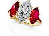 Yellow gold Three-Stone Marquise Cut Diamond Ring with Round with Ruby side stone Pavé Band and Prong Setting_1