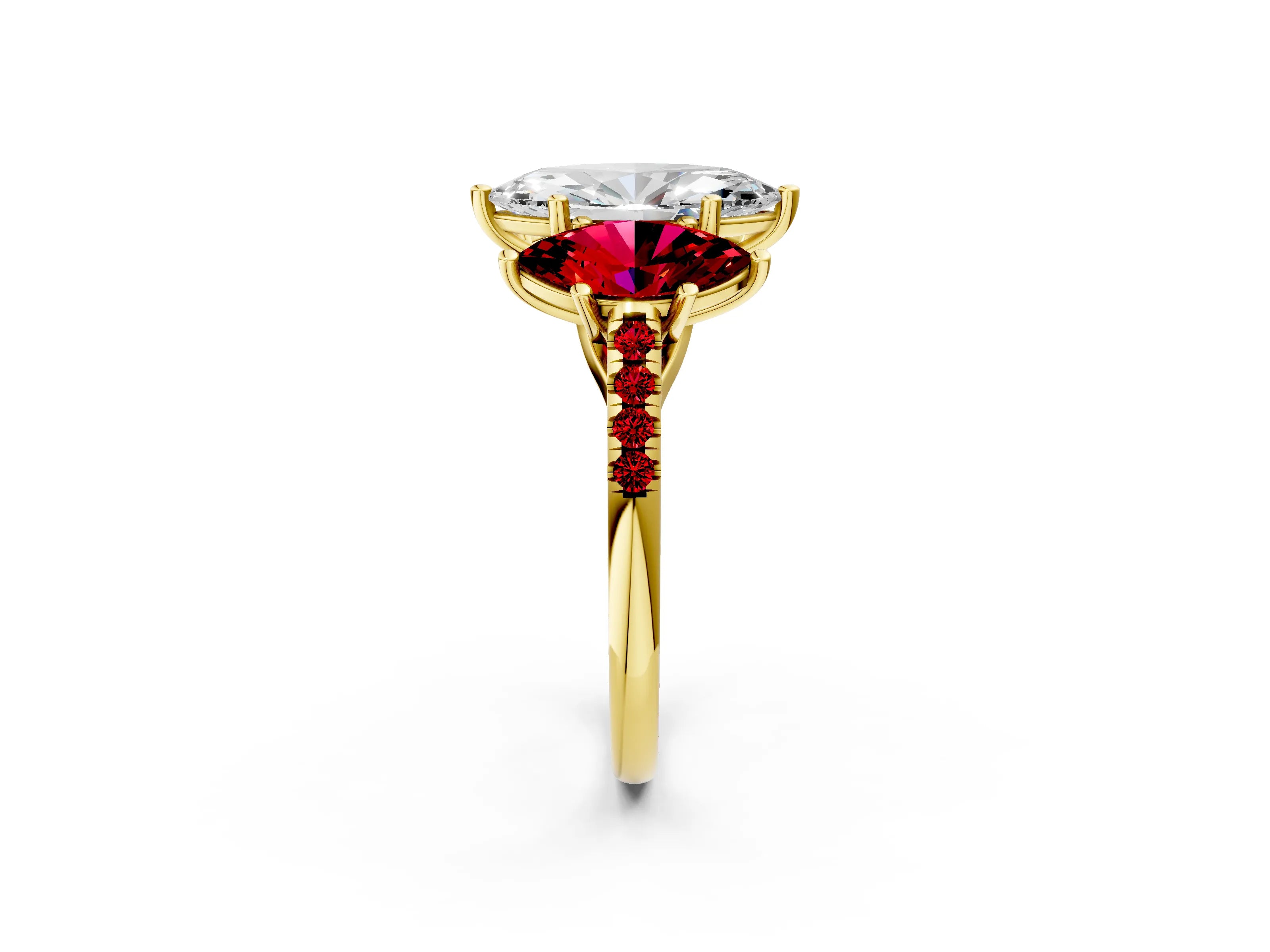 Yellow gold Three-Stone Marquise Cut Diamond Ring with Round with Ruby side stone Pavé Band and Prong Setting_2