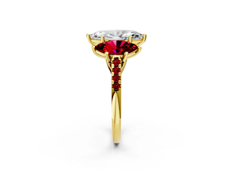 Yellow gold Three-Stone Marquise Cut Diamond Ring with Round with Ruby side stone Pavé Band and Prong Setting_2