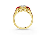 Yellow gold Three-Stone Marquise Cut Diamond Ring with Round with Ruby side stone Pavé Band and Prong Setting_3