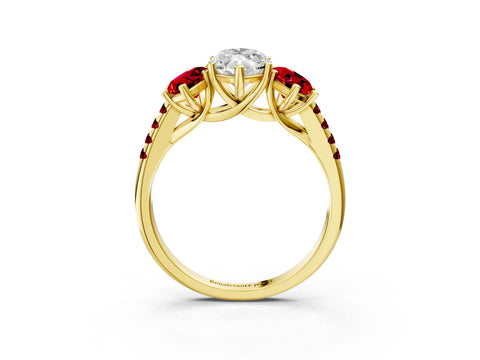 Yellow gold Three-Stone Marquise Cut Diamond Ring with Round with Ruby side stone Pavé Band and Prong Setting_3