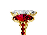 Yellow gold Three-Stone Marquise Cut Diamond Ring with Round with Ruby side stone Pavé Band and Prong Setting_5