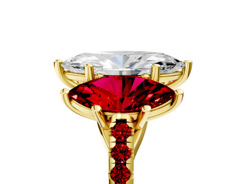 Yellow gold Three-Stone Marquise Cut Diamond Ring with Round with Ruby side stone Pavé Band and Prong Setting_5