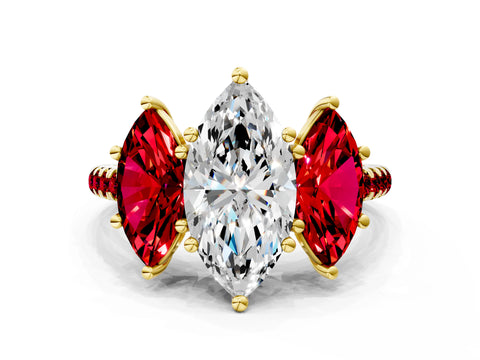 Yellow gold Three-Stone Marquise Cut Diamond Ring with Round with Ruby side stone Pavé Band and Prong Setting