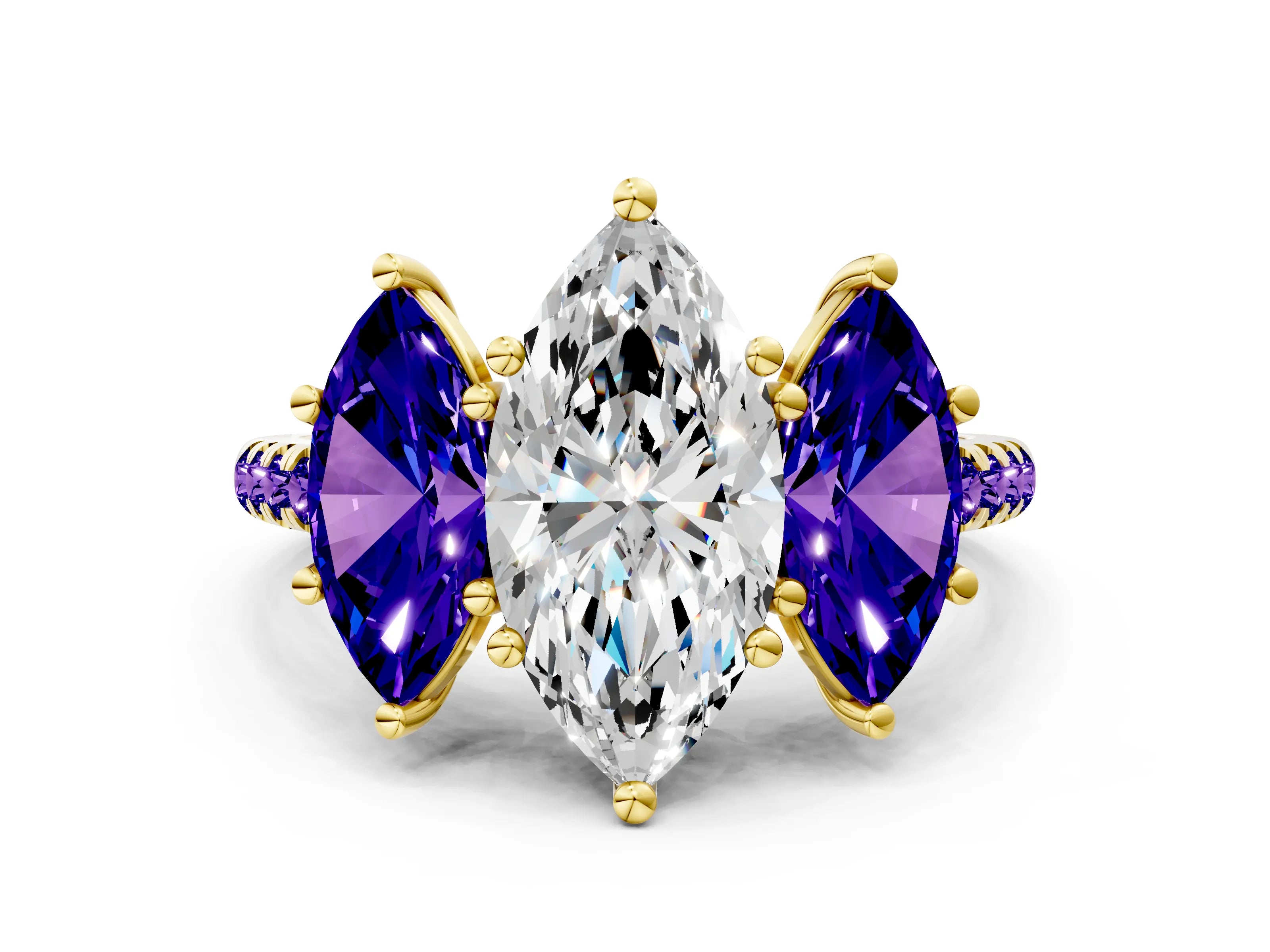 Yellow gold Three-Stone Marquise Cut Diamond Ring with Round with Tanzanite side stone Pavé Band and Prong Setting