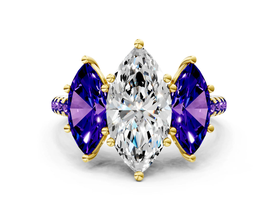 Yellow gold Three-Stone Marquise Cut Diamond Ring with Round with Tanzanite side stone Pavé Band and Prong Setting