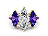 Yellow gold Three-Stone Marquise Cut Diamond Ring with Round with Tanzanite side stone Pavé Band and Prong Setting