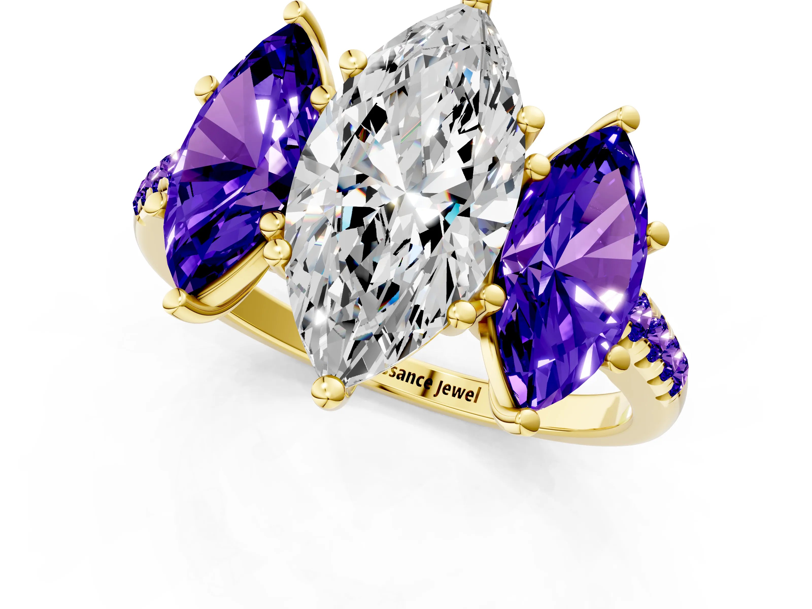Yellow gold Three-Stone Marquise Cut Diamond Ring with Round with Tanzanite side stone Pavé Band and Prong Setting_1