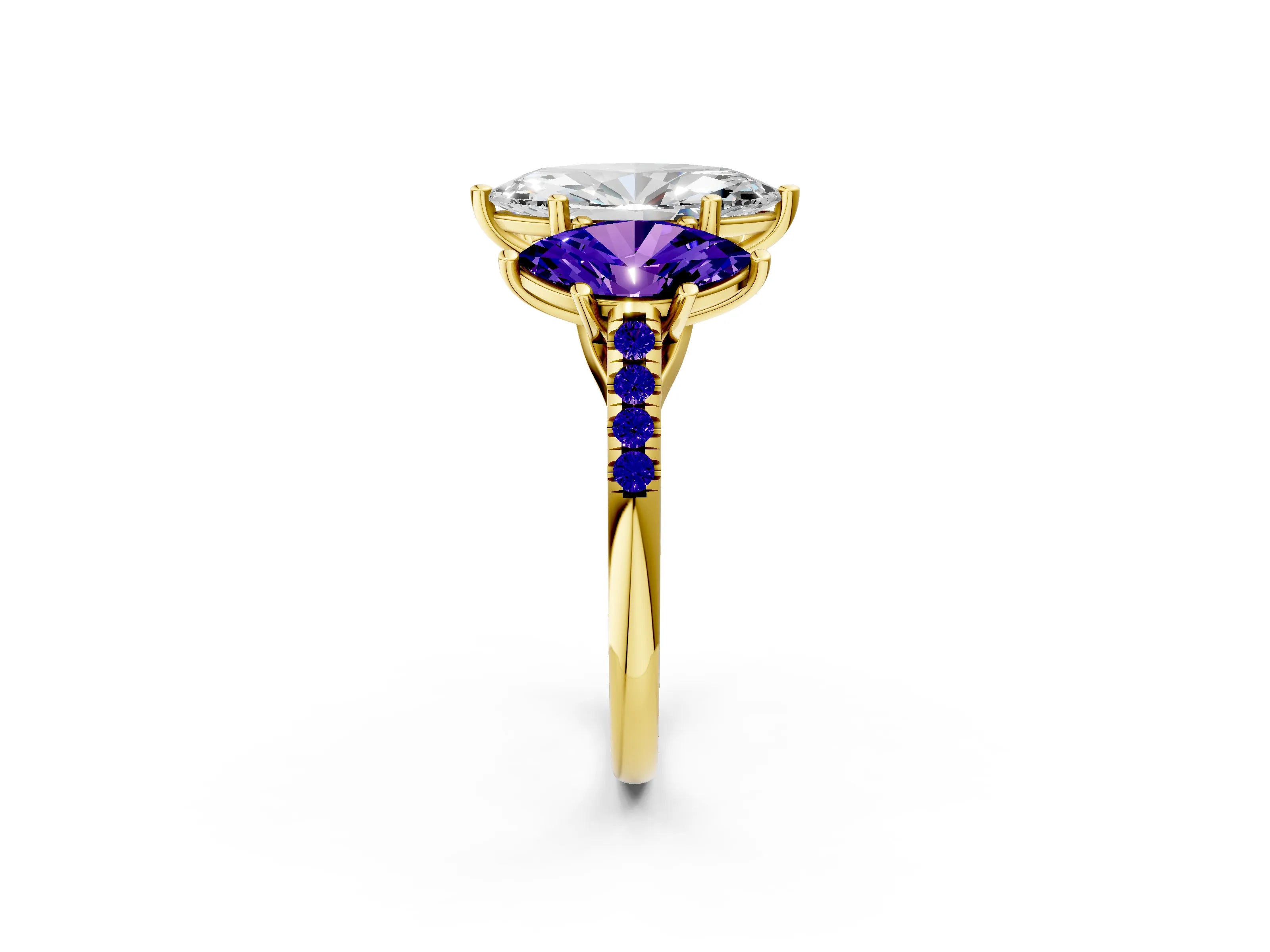Yellow gold Three-Stone Marquise Cut Diamond Ring with Round with Tanzanite side stone Pavé Band and Prong Setting_2
