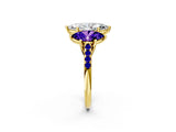 Yellow gold Three-Stone Marquise Cut Diamond Ring with Round with Tanzanite side stone Pavé Band and Prong Setting_2