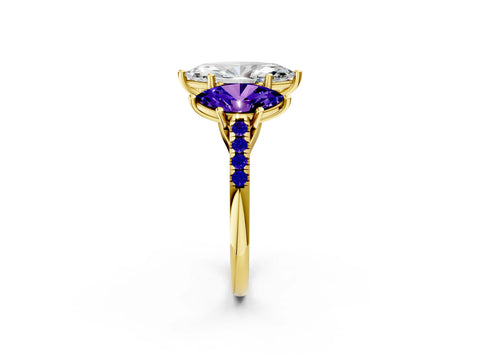 Yellow gold Three-Stone Marquise Cut Diamond Ring with Round with Tanzanite side stone Pavé Band and Prong Setting_2