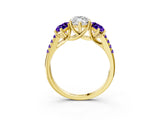 Yellow gold Three-Stone Marquise Cut Diamond Ring with Round with Tanzanite side stone Pavé Band and Prong Setting_3