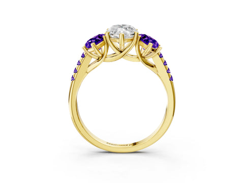 Yellow gold Three-Stone Marquise Cut Diamond Ring with Round with Tanzanite side stone Pavé Band and Prong Setting_3