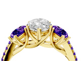 Yellow gold Three-Stone Marquise Cut Diamond Ring with Round with Tanzanite side stone Pavé Band and Prong Setting_4