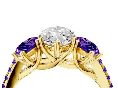 Yellow gold Three-Stone Marquise Cut Diamond Ring with Round with Tanzanite side stone Pavé Band and Prong Setting_4