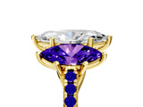 Yellow gold Three-Stone Marquise Cut Diamond Ring with Round with Tanzanite side stone Pavé Band and Prong Setting_5