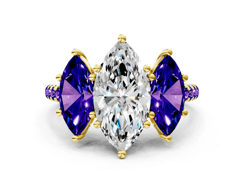 Yellow gold Three-Stone Marquise Cut Diamond Ring with Round with Tanzanite side stone Pavé Band and Prong Setting