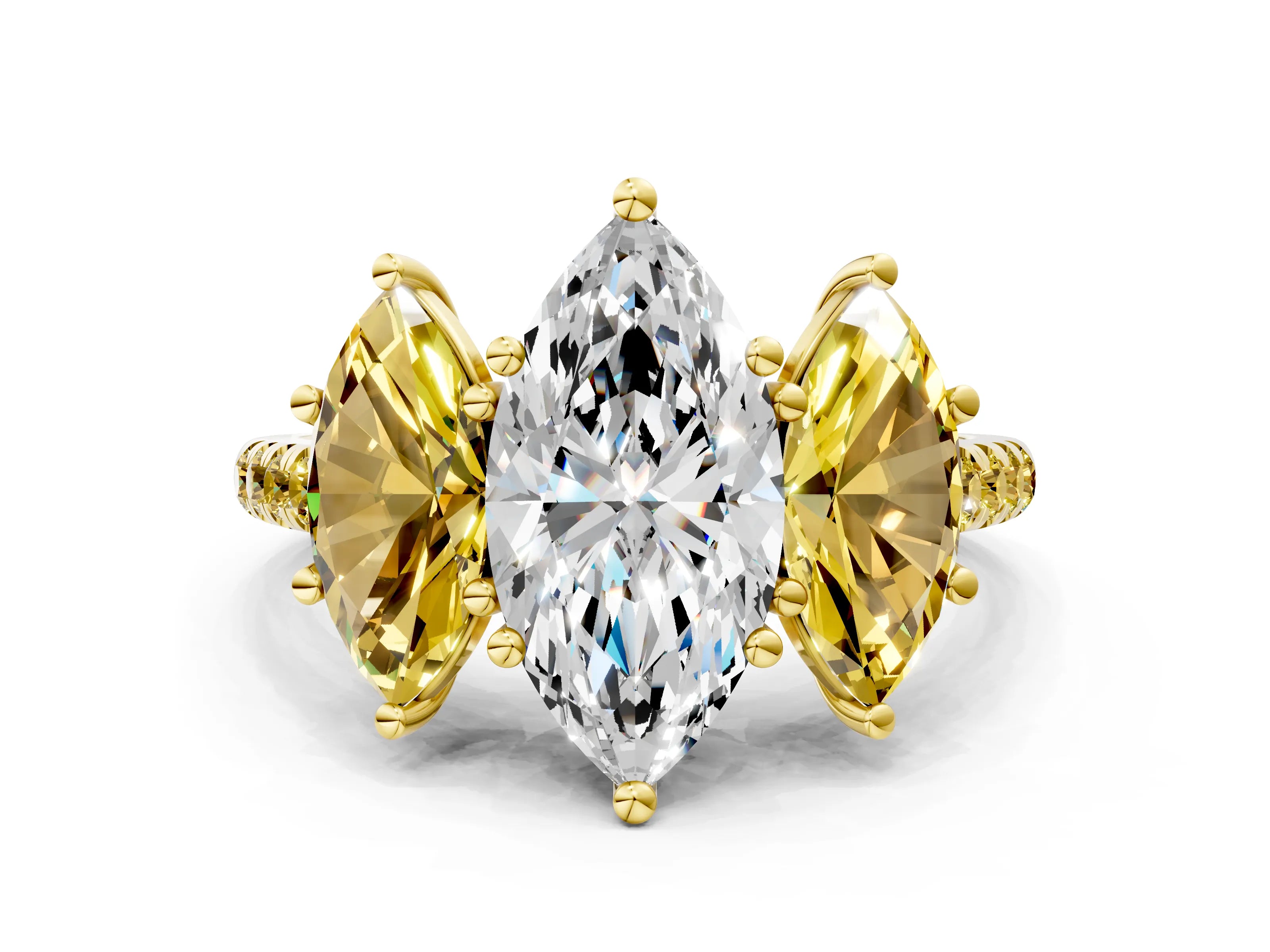 Yellow gold Three-Stone Marquise Cut Diamond Ring with Round with Yellow Sapphire side stone Pavé Band and Prong Setting