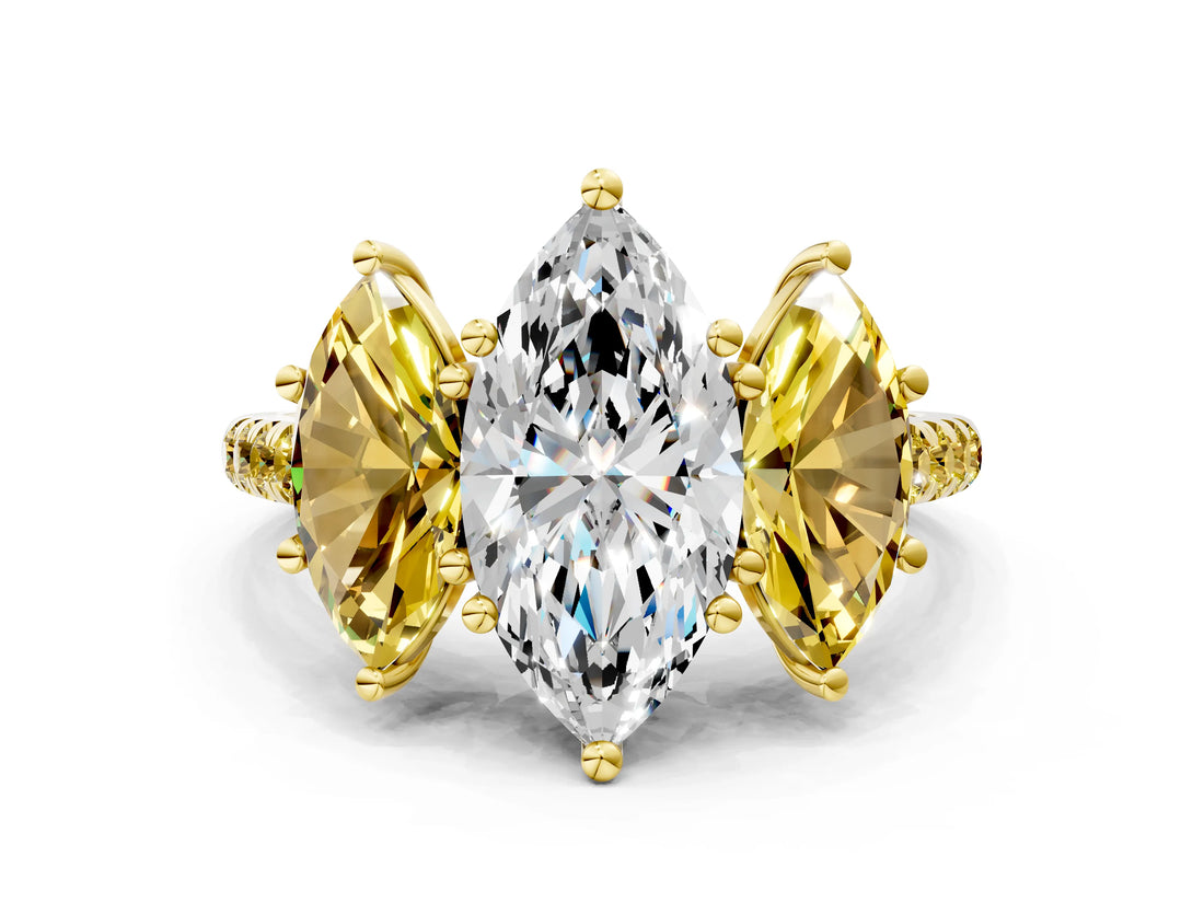 Yellow gold Three-Stone Marquise Cut Diamond Ring with Round with Yellow Sapphire side stone Pavé Band and Prong Setting