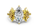 Yellow gold Three-Stone Marquise Cut Diamond Ring with Round with Yellow Sapphire side stone Pavé Band and Prong Setting