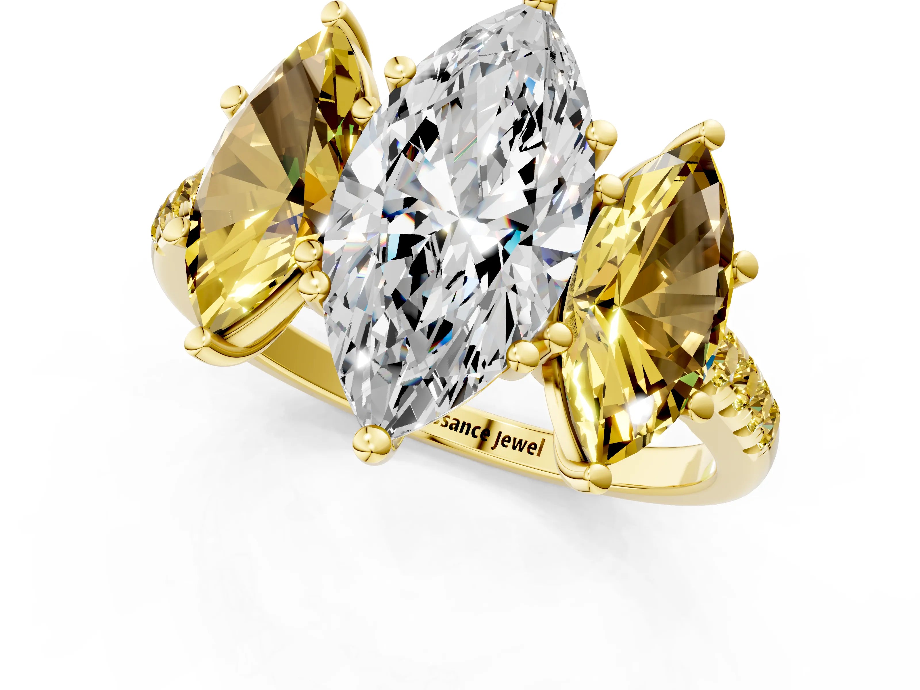 Yellow gold Three-Stone Marquise Cut Diamond Ring with Round with Yellow Sapphire side stone Pavé Band and Prong Setting_1