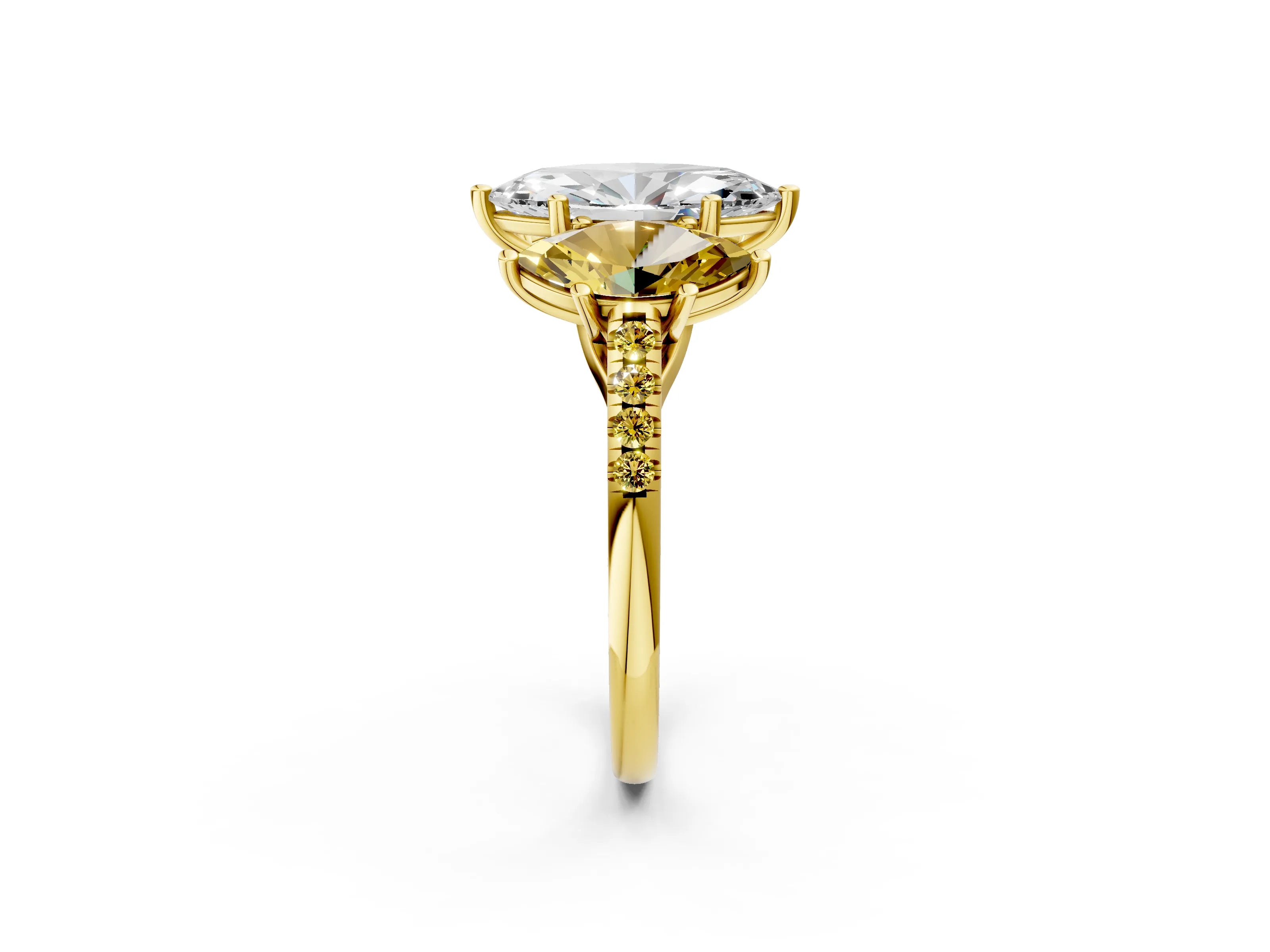 Yellow gold Three-Stone Marquise Cut Diamond Ring with Round with Yellow Sapphire side stone Pavé Band and Prong Setting_2