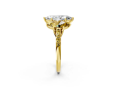 Yellow gold Three-Stone Marquise Cut Diamond Ring with Round with Yellow Sapphire side stone Pavé Band and Prong Setting_2