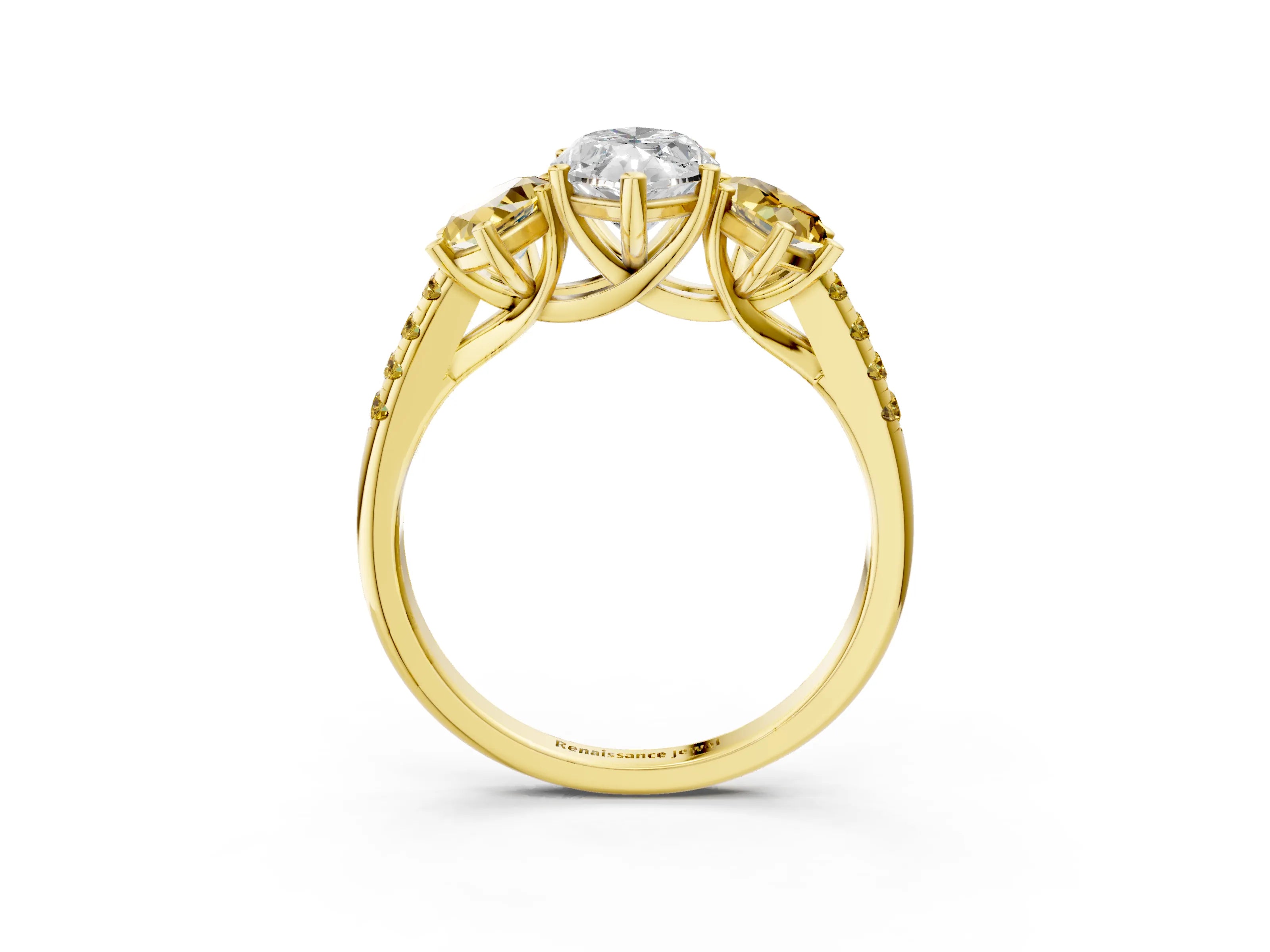 Yellow gold Three-Stone Marquise Cut Diamond Ring with Round with Yellow Sapphire side stone Pavé Band and Prong Setting_3