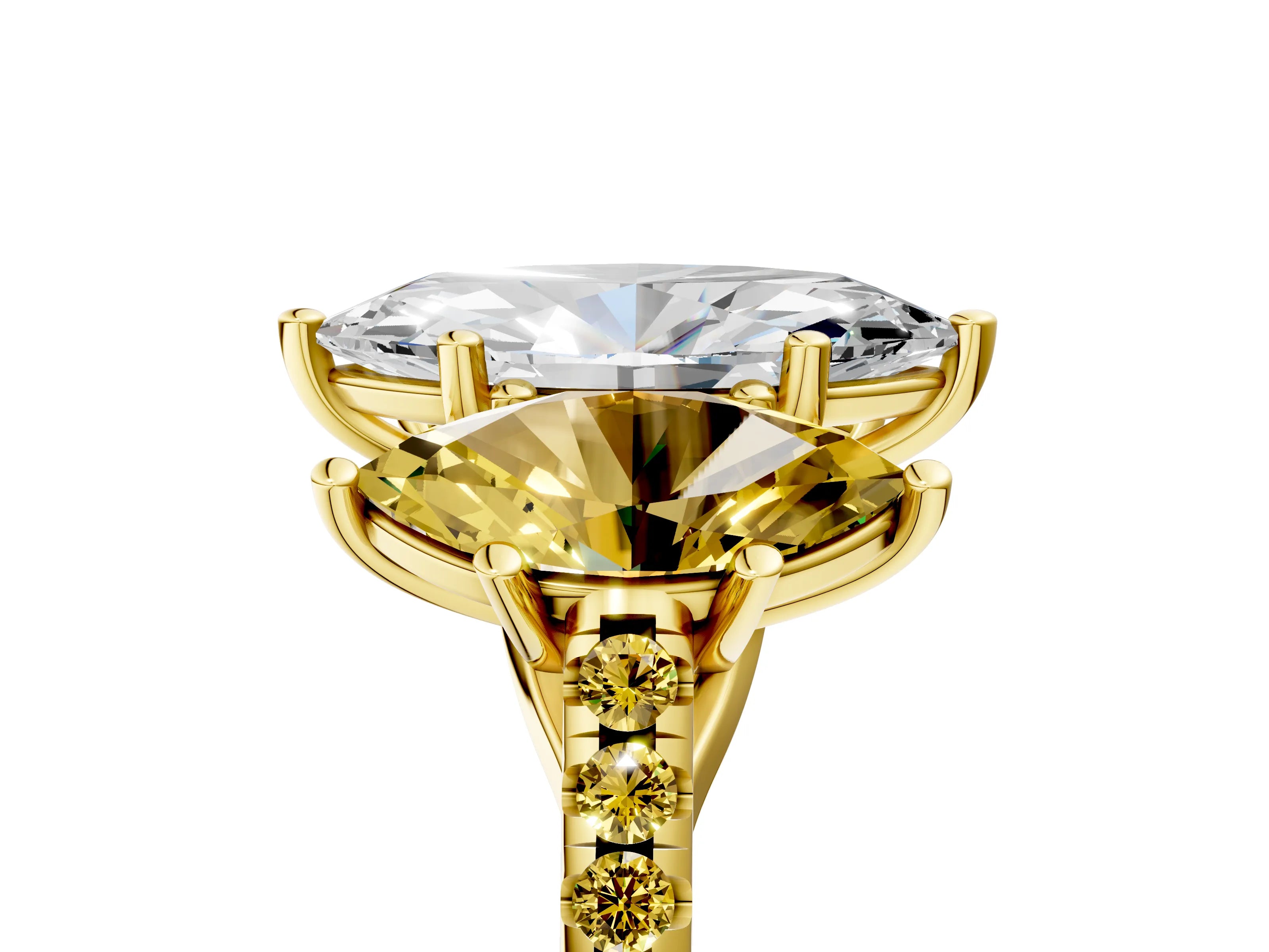Yellow gold Three-Stone Marquise Cut Diamond Ring with Round with Yellow Sapphire side stone Pavé Band and Prong Setting_5