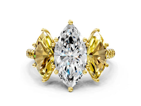 Yellow gold Three-Stone Marquise Cut Diamond Ring with Round with Yellow Sapphire side stone Pavé Band and Prong Setting