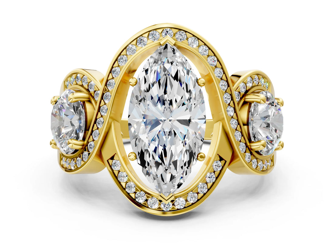 Yellow gold Three-Stone Marquise Cut Diamond Wave Pave Band with Prong Setting_9