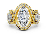 Yellow gold Three-Stone Marquise Cut Diamond Wave Pave Band with Prong Setting_9