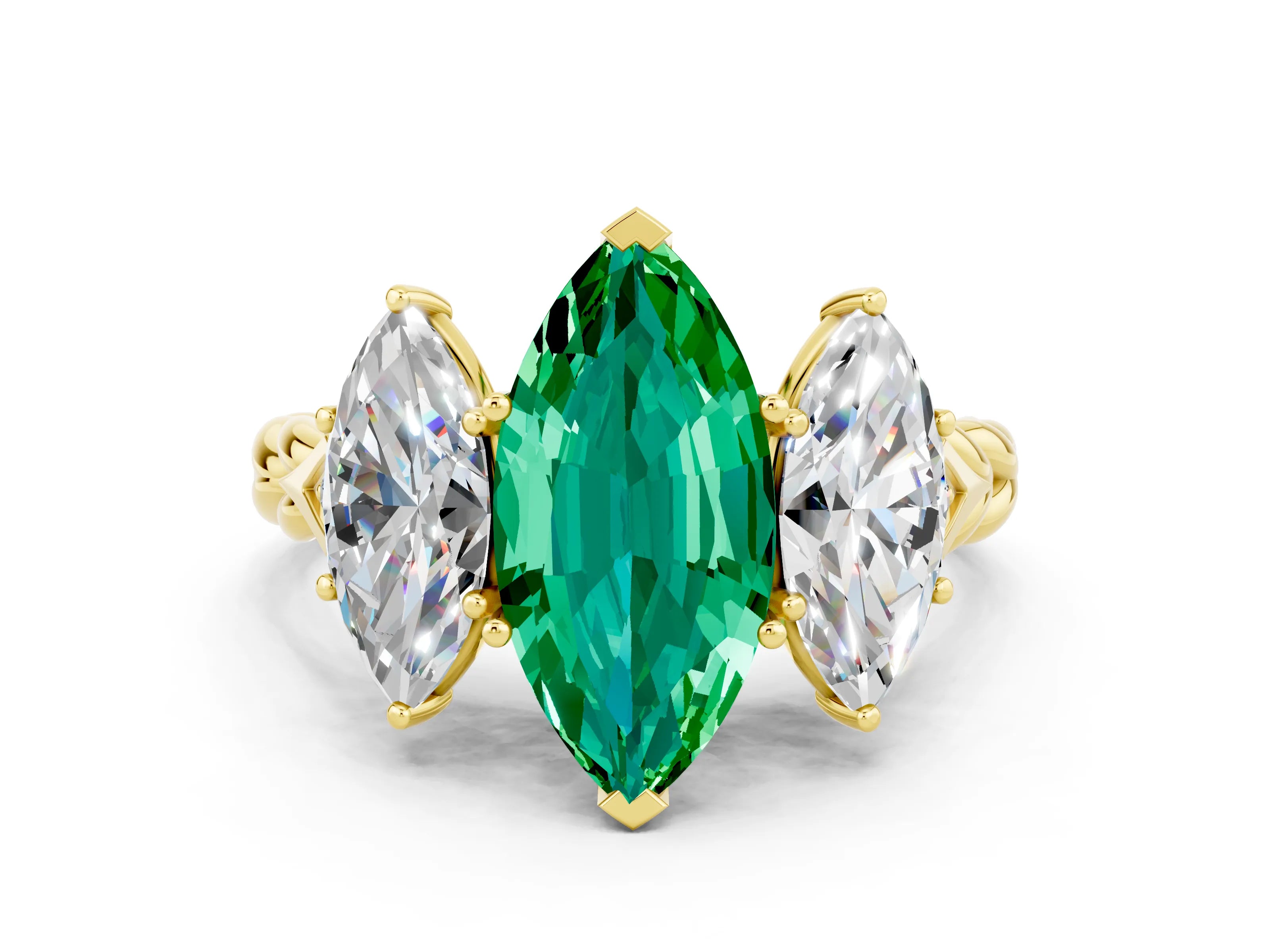 Yellow gold Three-Stone Marquise Cut Emerald Braided Band Ring with Four-Prong Setting_12
