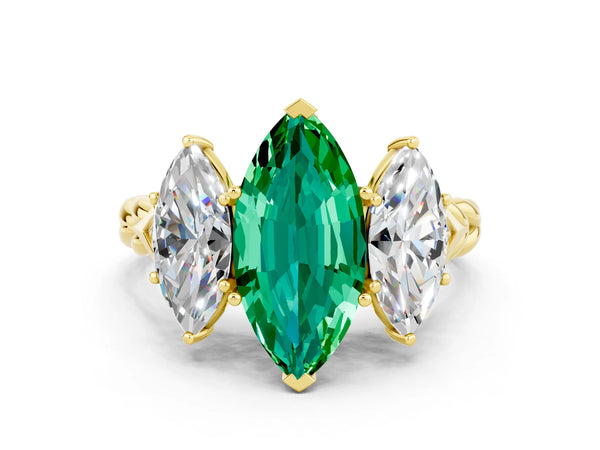 Yellow gold Three-Stone Marquise Cut Emerald Braided Band Ring with Four-Prong Setting